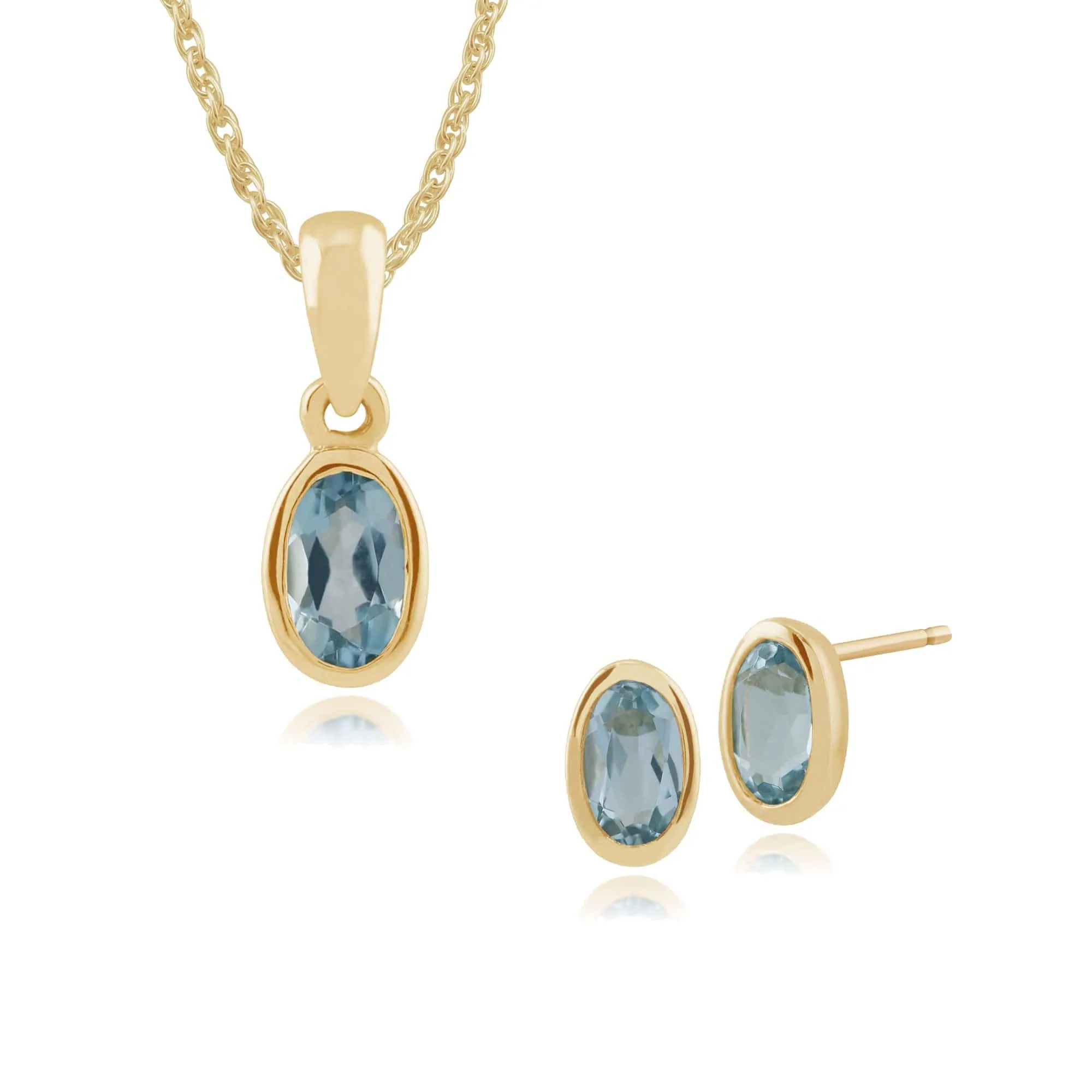 Classic Oval Blue Topaz Single Stone Bezel Stud & Pendant Set in 9ct Yellow Gold sold by Gemondo Jewellery