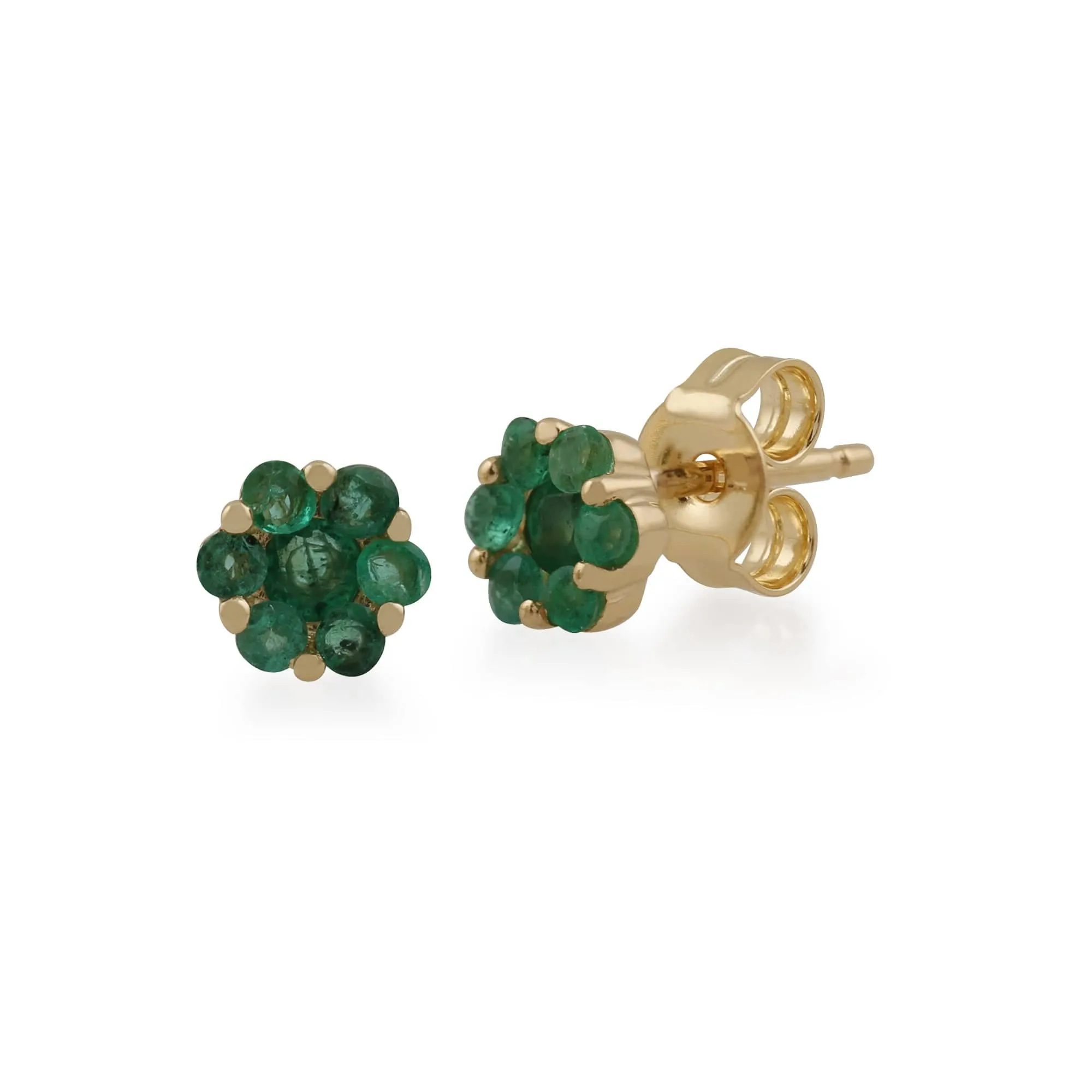 Floral Round Emerald Cluster Stud Earrings in 9ct Yellow Gold sold by Gemondo Jewellery