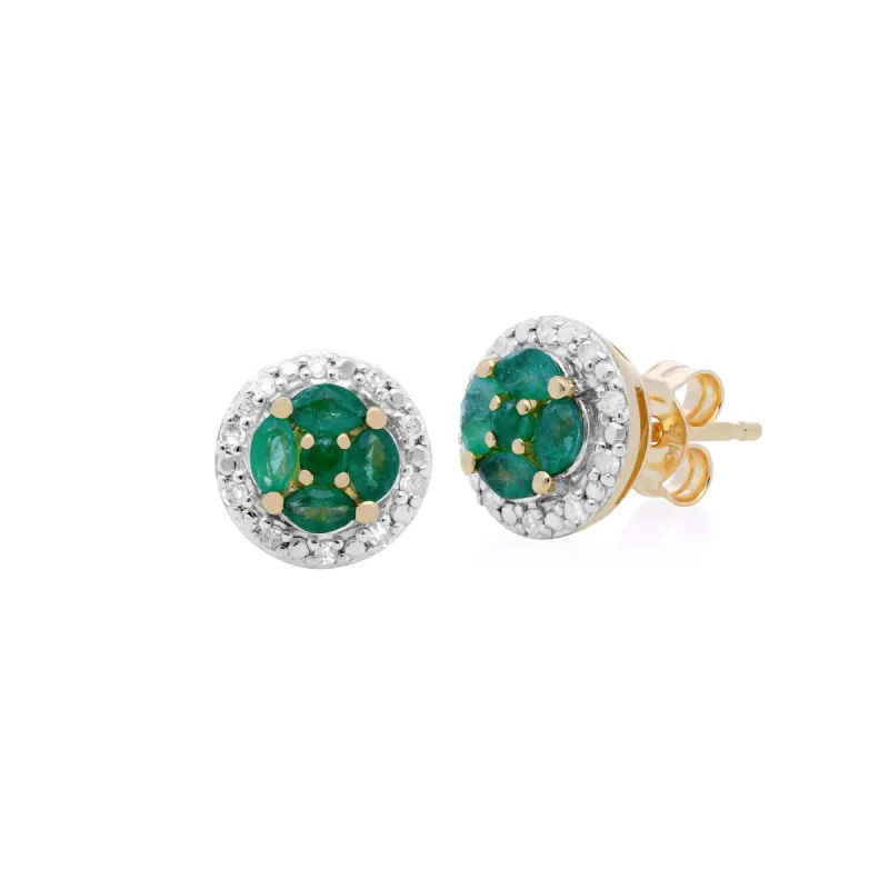 Classic Marquise Emerald & Diamond Halo Cluster Stud Earrings in 9ct Yellow Gold sold by Gemondo Jewellery