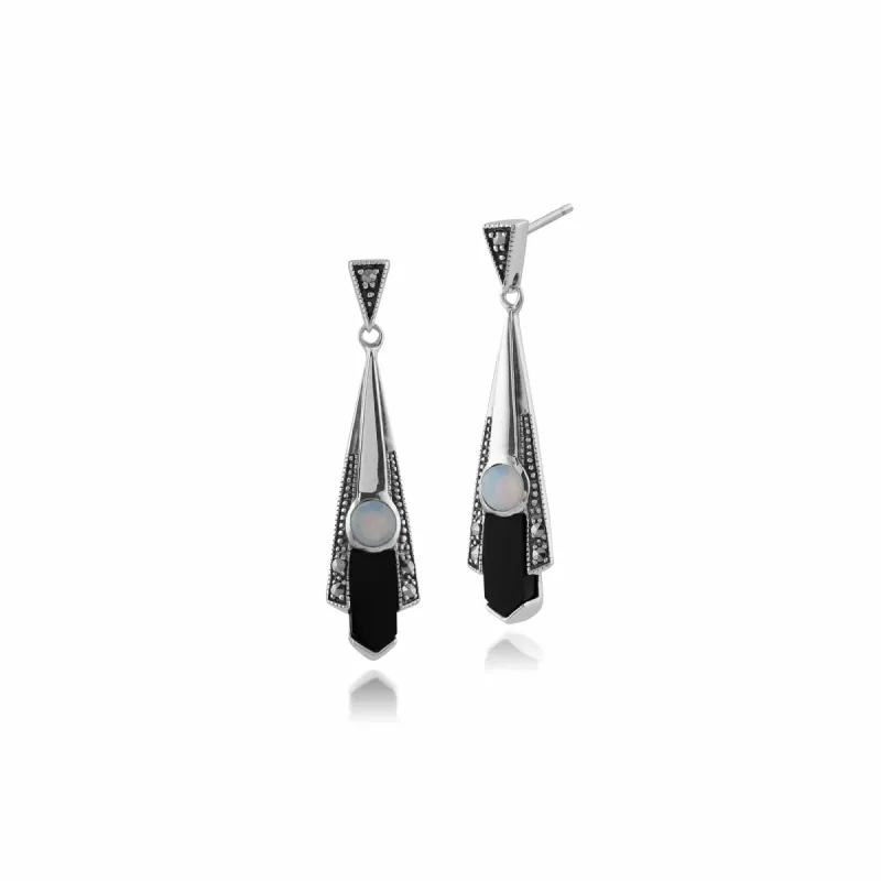 Art Deco Style Round Opal, Black Onyx & Marcasite Fan Drop Earrings in 925 Sterling Silver sold by Gemondo Jewellery
