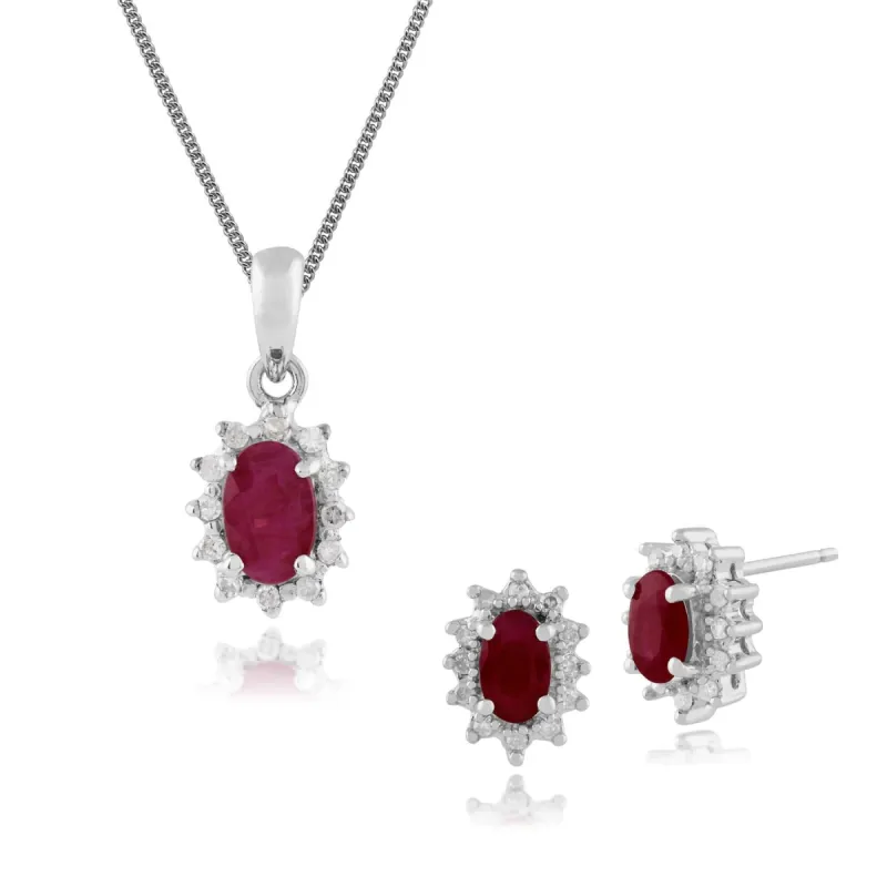 Classic Oval Ruby & Diamond Halo Stud Earrings & Pendant Set in 9ct White Gold sold by Gemondo Jewellery