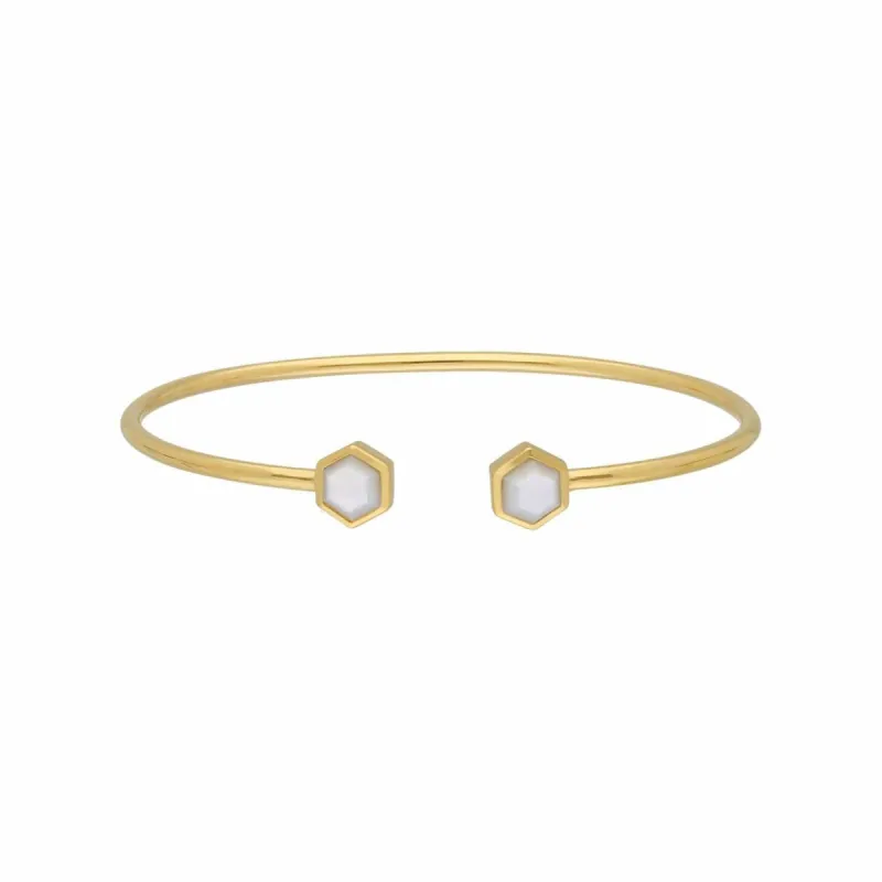 Geometric Hexagon Mother of Pearl Bangle in Gold Plated Silver sold by Gemondo Jewellery
