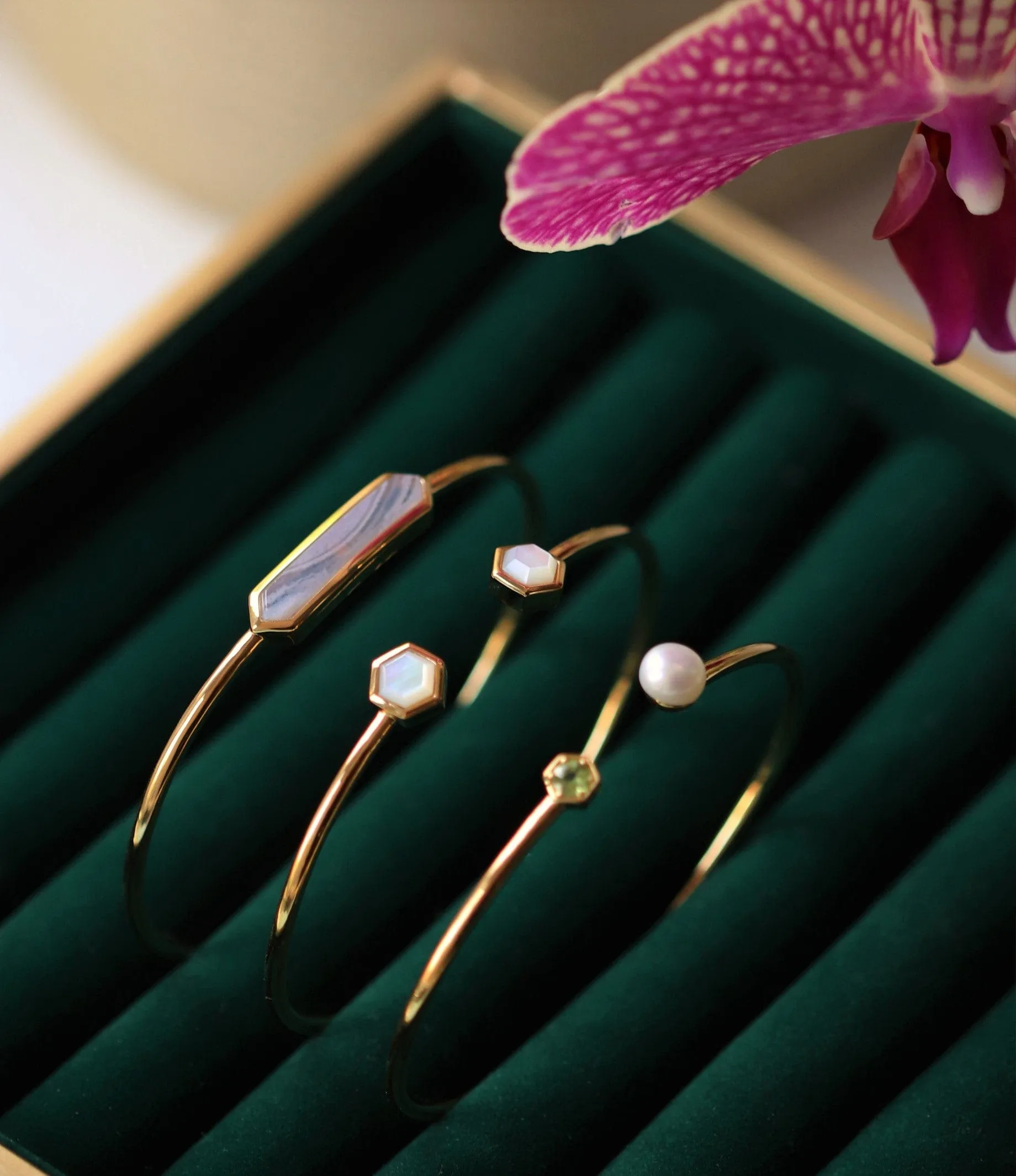 Geometric Hexagon Mother of Pearl Bangle in Gold Plated Silver sold by Gemondo Jewellery product image thumbnail 2