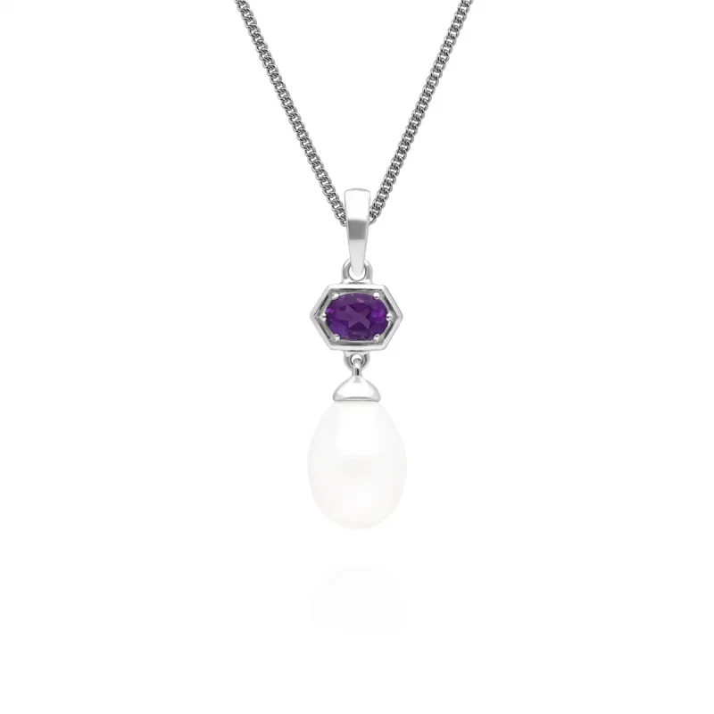 Modern Pearl & Amethyst Pendant in 925 Sterling Silver sold by Gemondo Jewellery