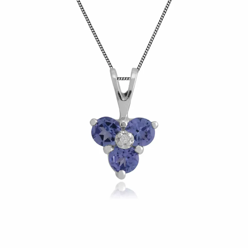 Floral Round Tanzanite & Diamond Pendant in 9ct White Gold sold by Gemondo Jewellery