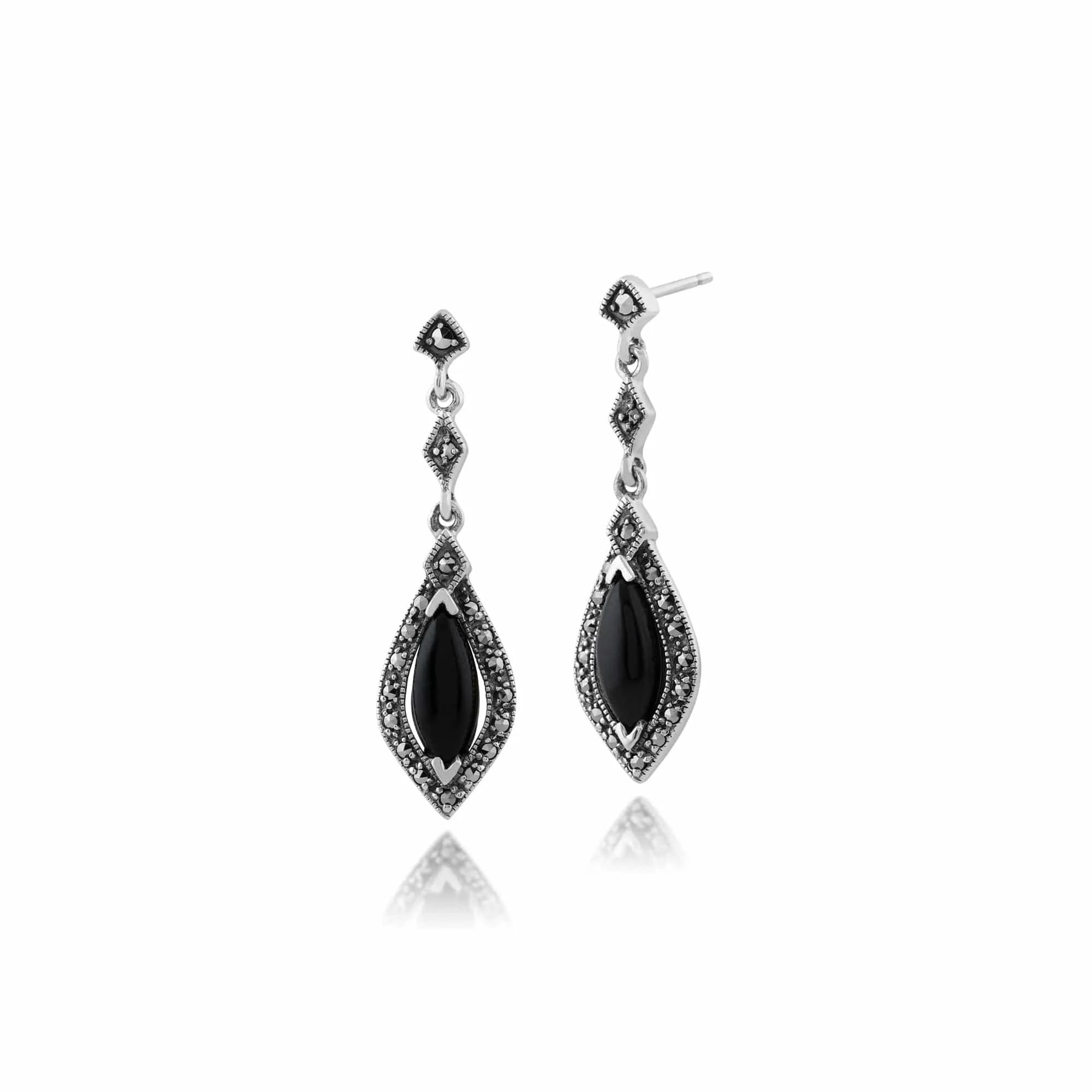 Art Deco Marquise Black Onyx & Marcasite Halo Drop Earrings in 925 Sterling Silver sold by Gemondo Jewellery