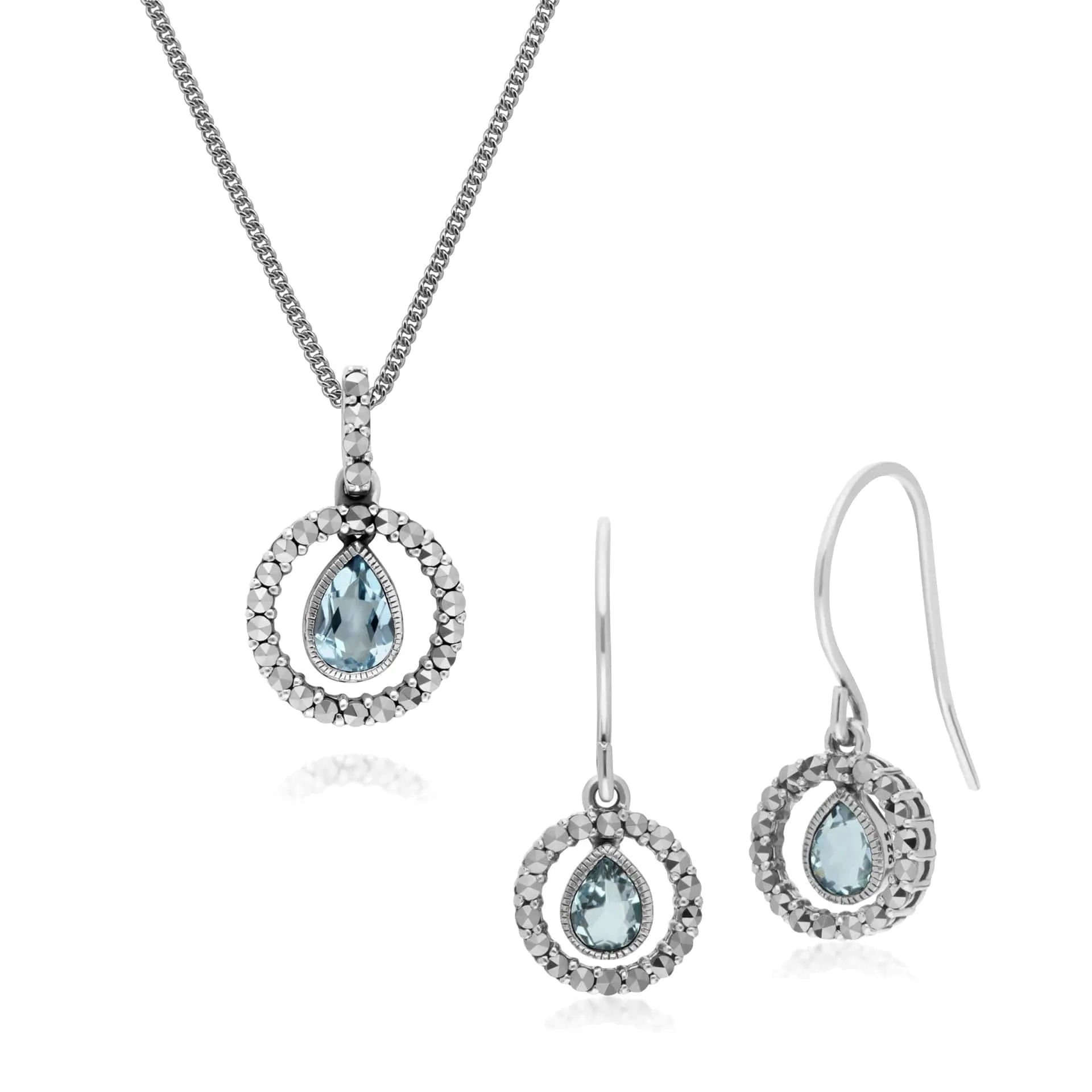 Classic Tear Drop Blue Topaz & Marcasite Drop Earrings & 45cm Necklace Set sold by Gemondo Jewellery