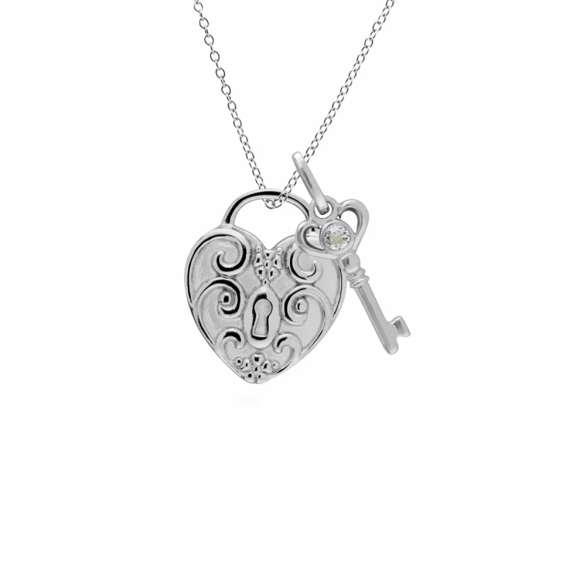 Classic Swirl Heart Lock Pendant & Clear Topaz Key Charm in 925 Sterling Silver sold by Gemondo Jewellery