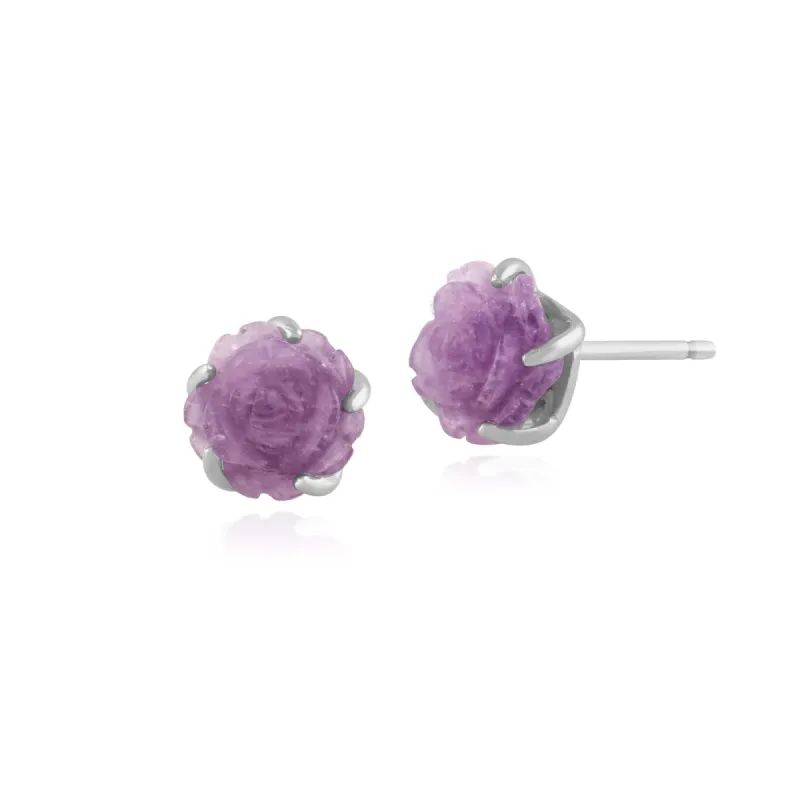 Floral Carved Amethyst Rose Stud Earrings in 925 Sterling Silver 8mm sold by Gemondo Jewellery
