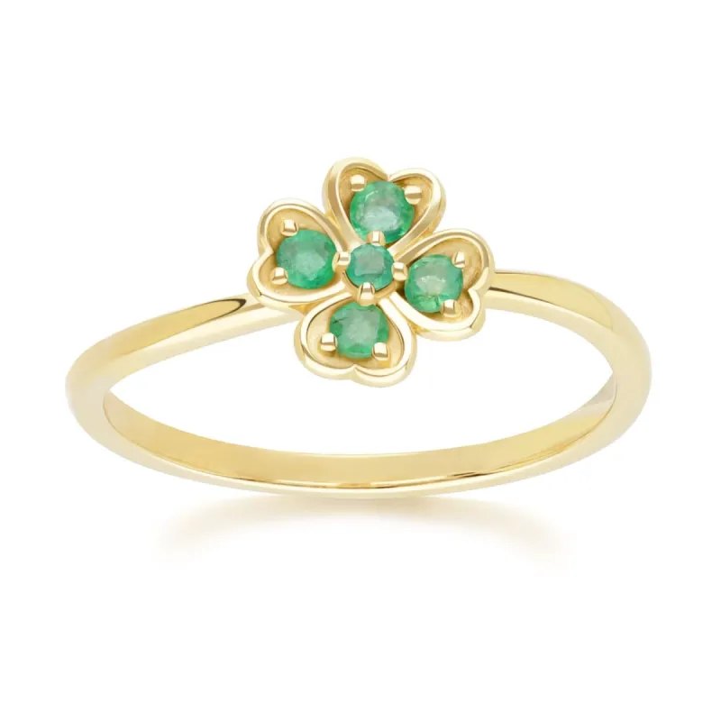 Gardenia Round Emerald Clover Ring in 9ct Yellow Gold sold by Gemondo Jewellery