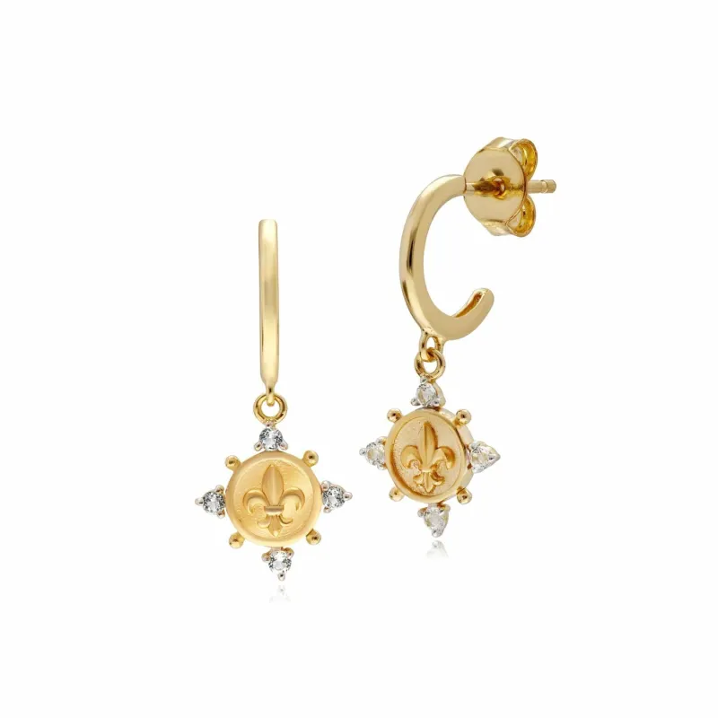ECFEW™ White Topaz Fleur De Lis Hoop Earrings In 9ct Yellow Gold sold by Gemondo Jewellery
