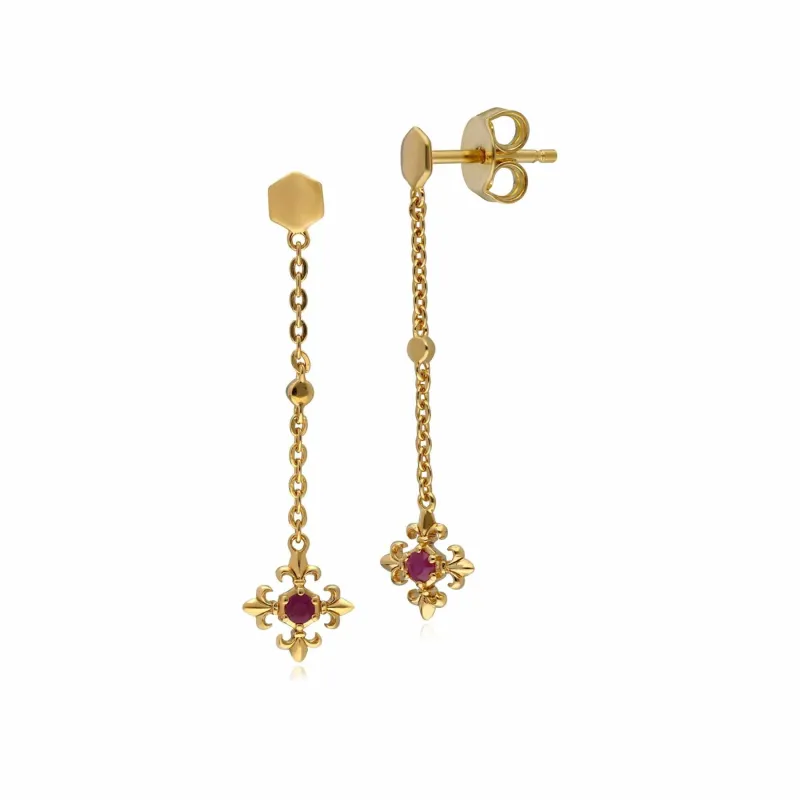 ECFEW™ Ruby Fleur De Lis Dangle Drop Earrings In 9ct Yellow Gold sold by Gemondo Jewellery