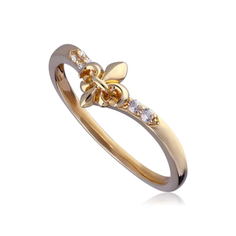 ECFEW™ White Topaz Fleur De Lis Wishbone Ring In 9ct Yellow Gold sold by Gemondo Jewellery