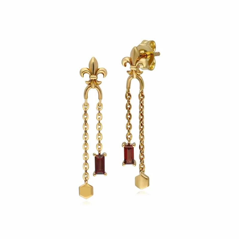 ECFEW™ Garnet Fleur De Lis Chain Drop Earrings In 9ct Yellow Gold sold by Gemondo Jewellery