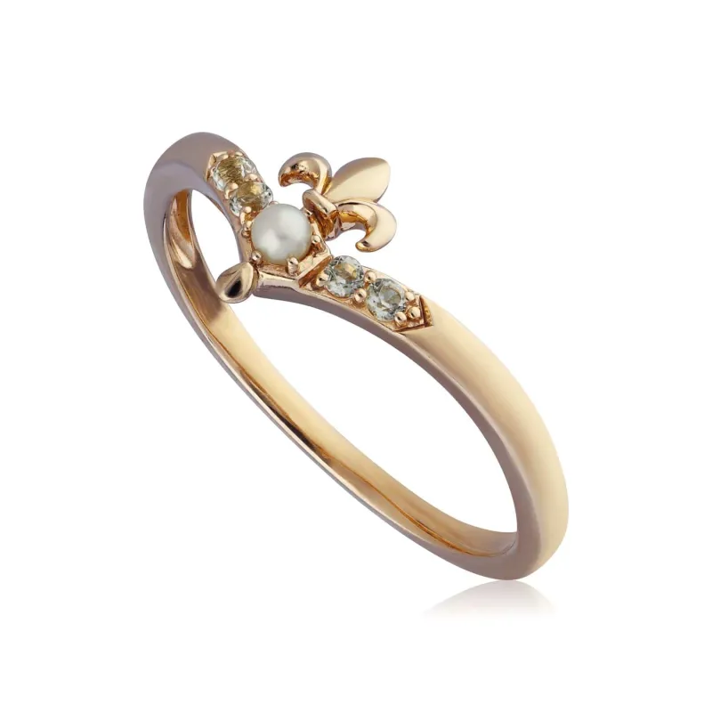 ECFEW™ Pearl Fleur De Lis Wishbone Ring In 9ct Yellow Gold sold by Gemondo Jewellery