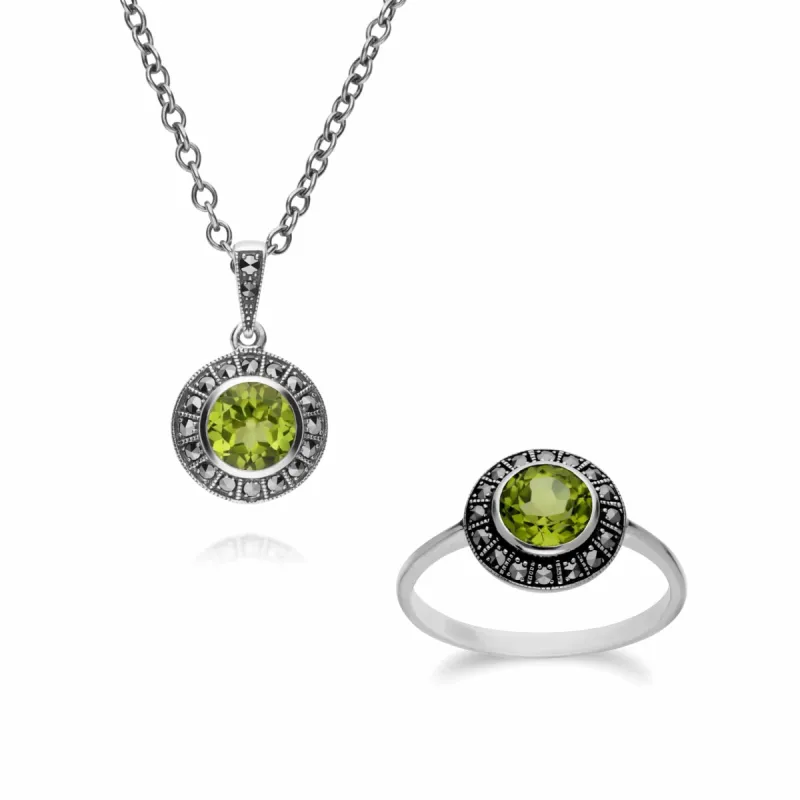 Art Deco Style Round Peridot and Marcasite Cluster Rings & Pendant Set in 925 Sterling Silver sold by Gemondo Jewellery