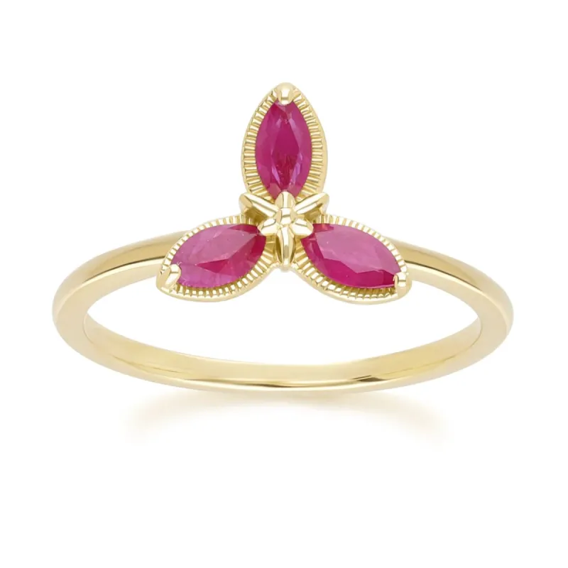 Floral Marquise Ruby Ring in 9ct Yellow Gold sold by Gemondo Jewellery