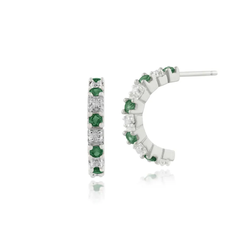 Classic Round Emerald & Diamond Half Hoop Style Earrings in 9ct White Gold sold by Gemondo Jewellery