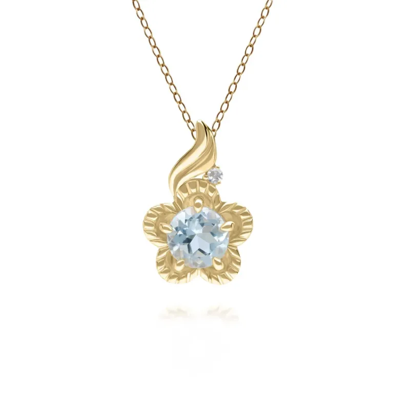 Floral Round Blue Topaz & Diamond Pendant in 9ct Yellow Gold sold by Gemondo Jewellery