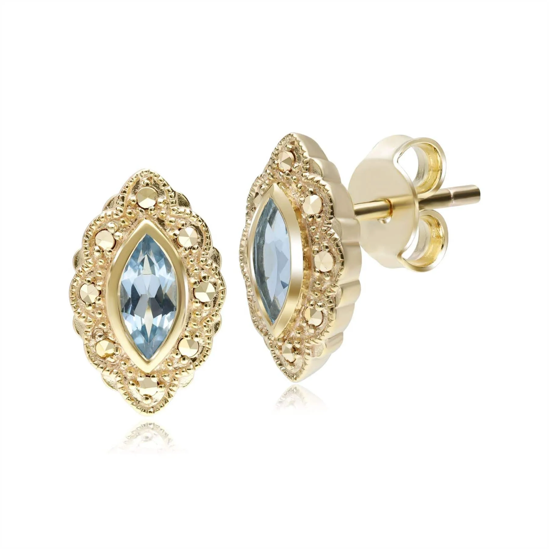Marquise Blue Topaz & Marcasite Stud Earrings in 18ct Gold Plated Silver sold by Gemondo Jewellery