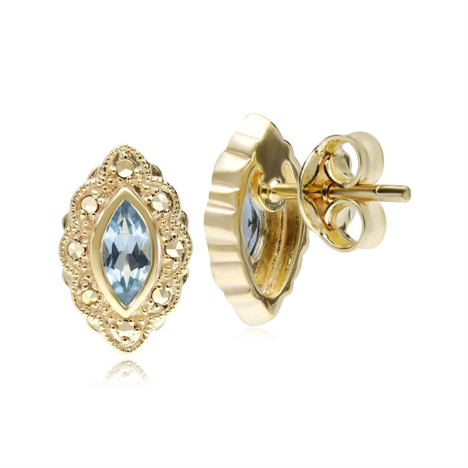Marquise Blue Topaz & Marcasite Stud Earrings in 18ct Gold Plated Silver sold by Gemondo Jewellery product image thumbnail 4