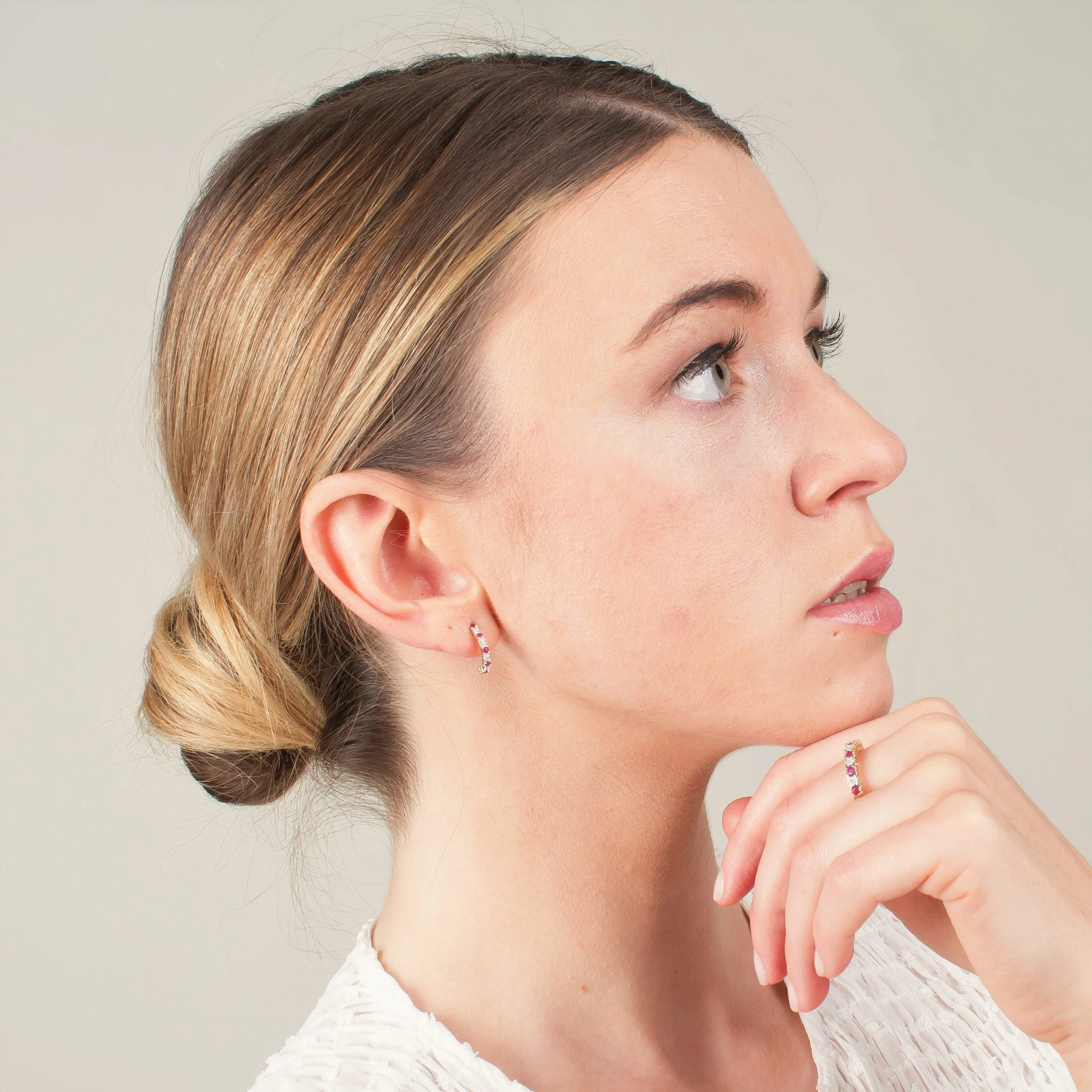 Classic Round Ruby & Diamond Half Hoop 9ct Gold Earrings sold by Gemondo Jewellery product image thumbnail 2