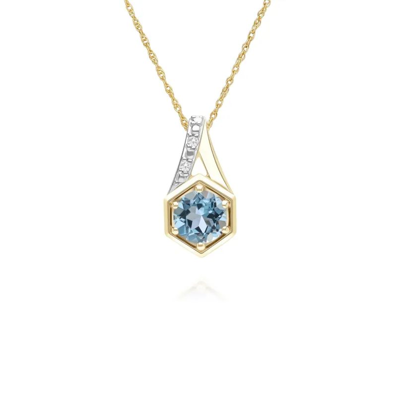 Geometric Hexagon with Prong set Round Topaz and Diamond Pendant Necklace in 9ct Yellow Gold sold by Gemondo Jewellery