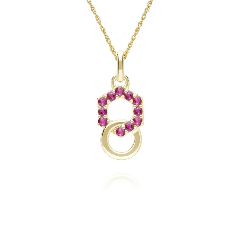 Geometric Hexagon and Round Linked with Prong set Ruby Pendant in 9ct Yellow Gold made by Gemondo Jewellery