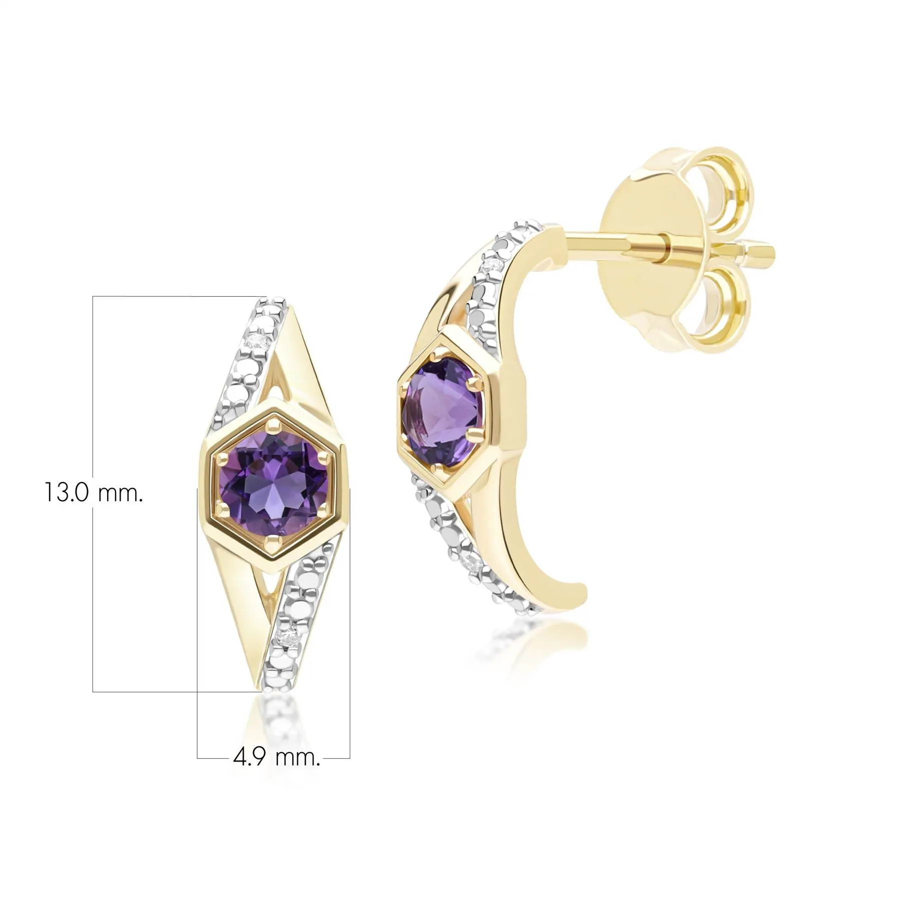 Geometric Hexagon with Prong set Round Amethyst and Diamond Half Hoop Earrings in 9ct Yellow Gold sold by Gemondo Jewellery product image thumbnail 3