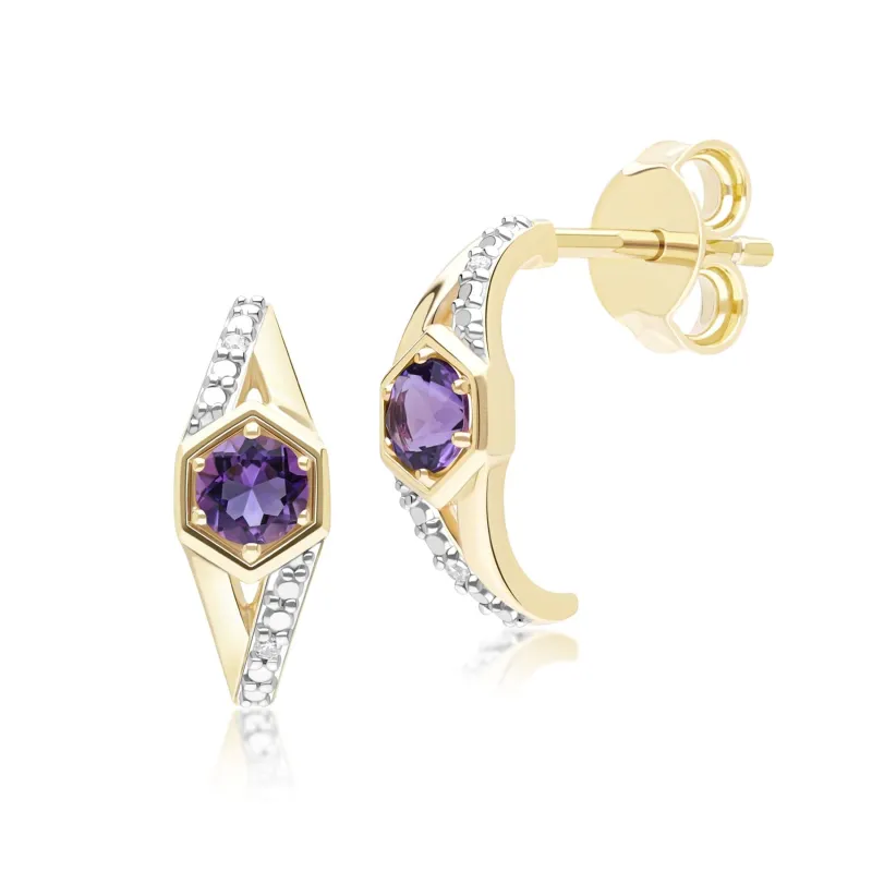 Geometric Hexagon with Prong set Round Amethyst and Diamond Half Hoop Earrings in 9ct Yellow Gold sold by Gemondo Jewellery