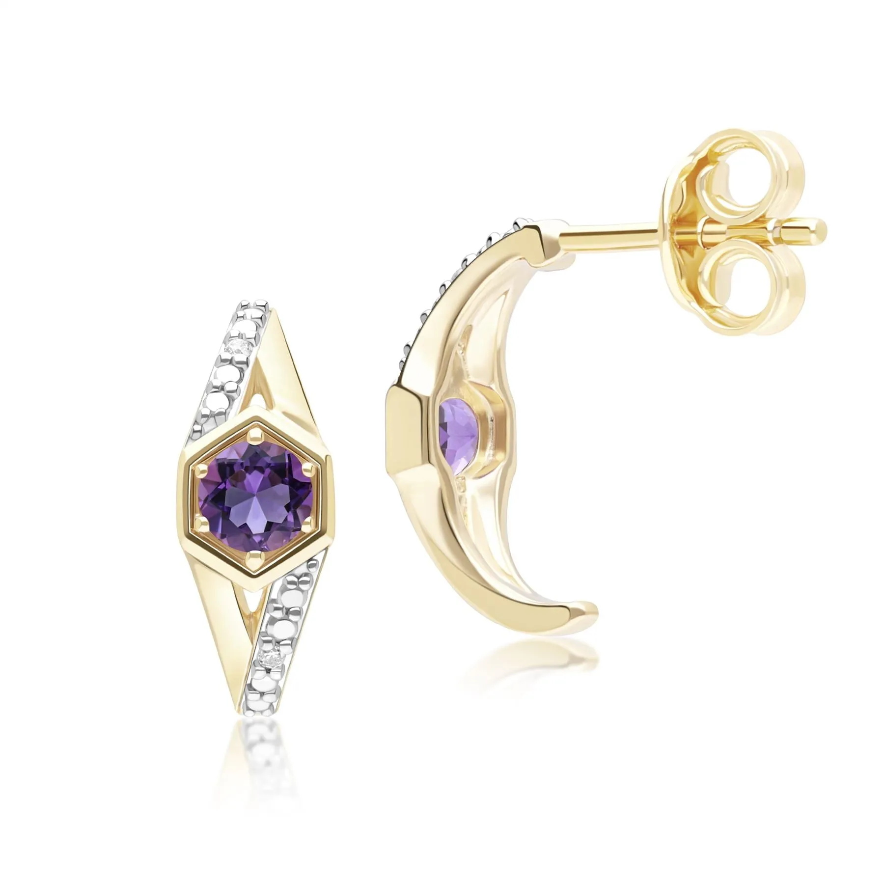 Geometric Hexagon with Prong set Round Amethyst and Diamond Half Hoop Earrings in 9ct Yellow Gold sold by Gemondo Jewellery product image thumbnail 2