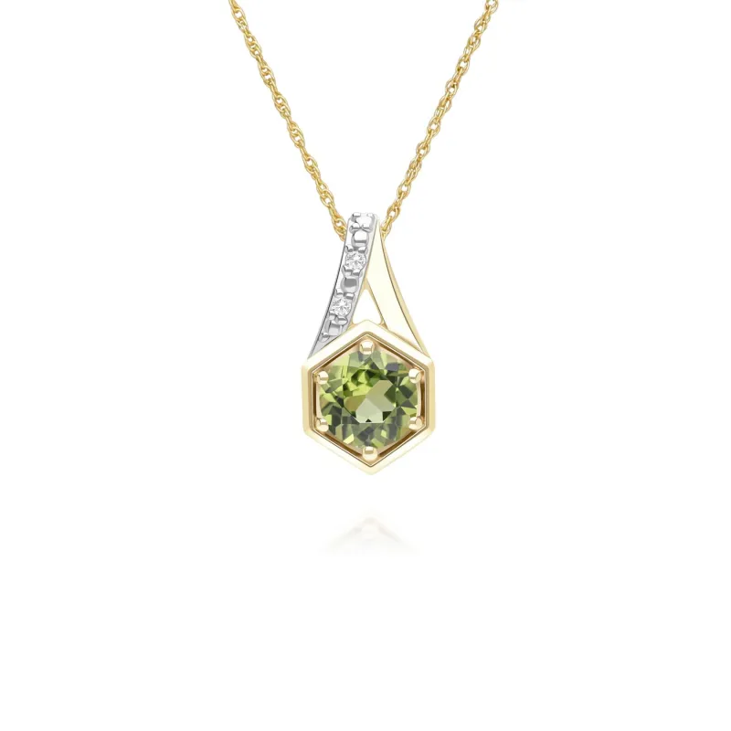 Geometric Hexagon with Prong set Round Peridot and Diamond Pendant Necklace in 9ct Yellow Gold sold by Gemondo Jewellery