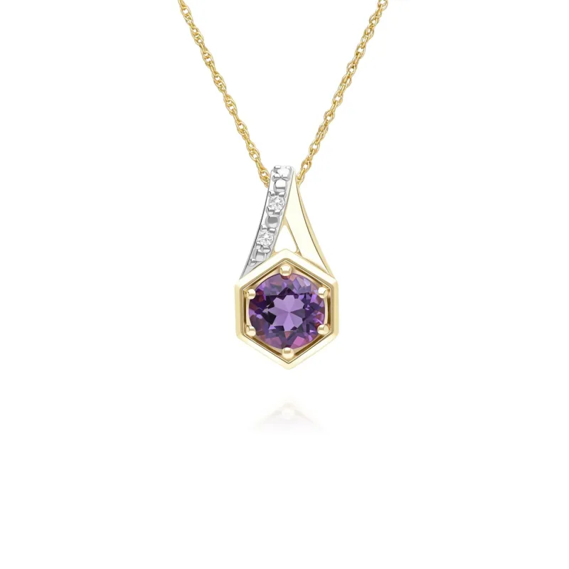 Geometric Hexagon with Prong set Round Amethyst and Diamond Pendant Necklace in 9ct Yellow Gold sold by Gemondo Jewellery