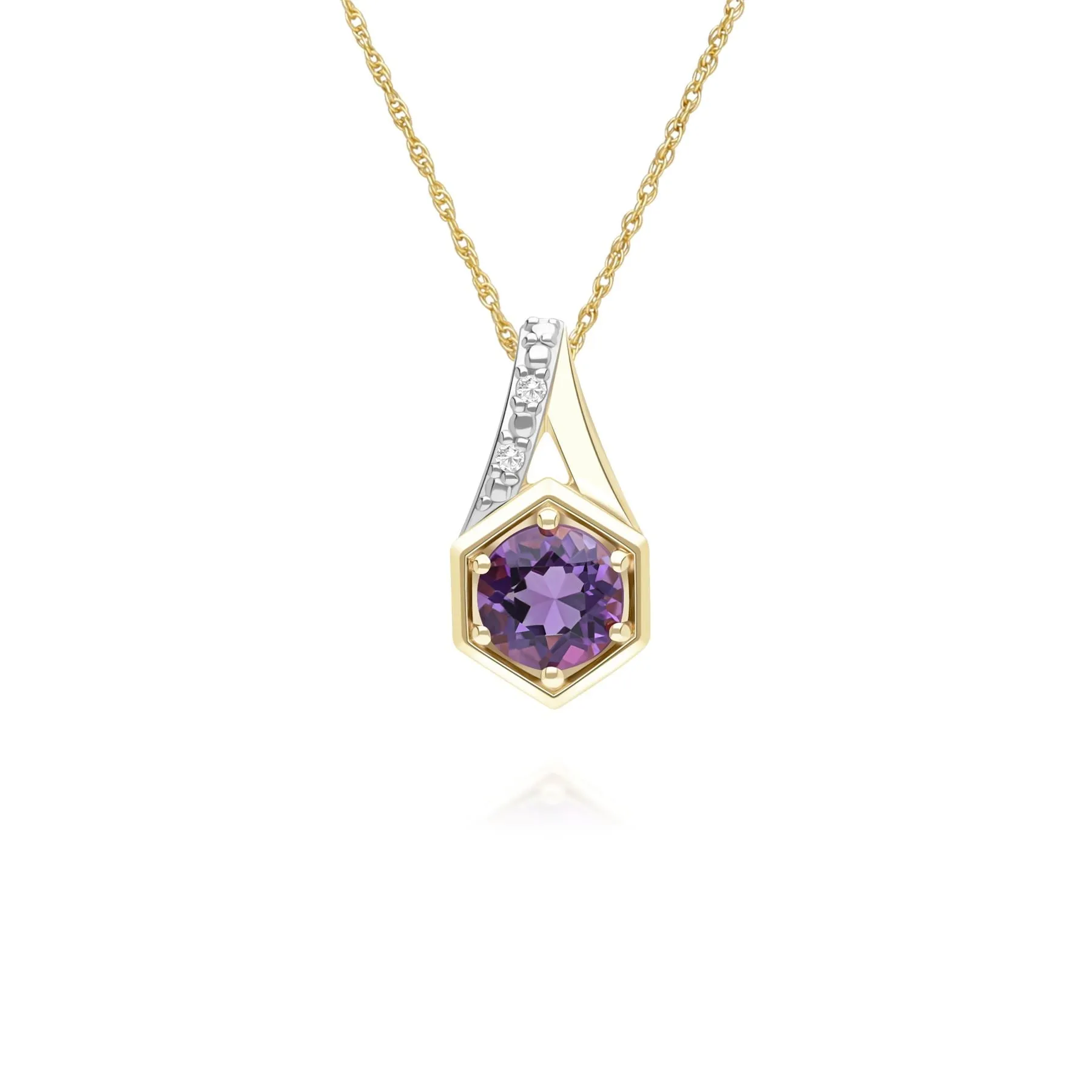 Geometric Hexagon with Prong set Round Amethyst and Diamond Pendant Necklace in 9ct Yellow Gold sold by Gemondo Jewellery