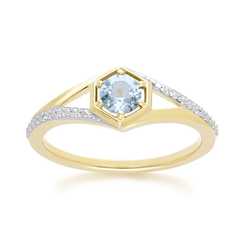 Geometric Hexagon with Prong set Round Topaz and Diamond Ring in 9ct Yellow Gold sold by Gemondo Jewellery