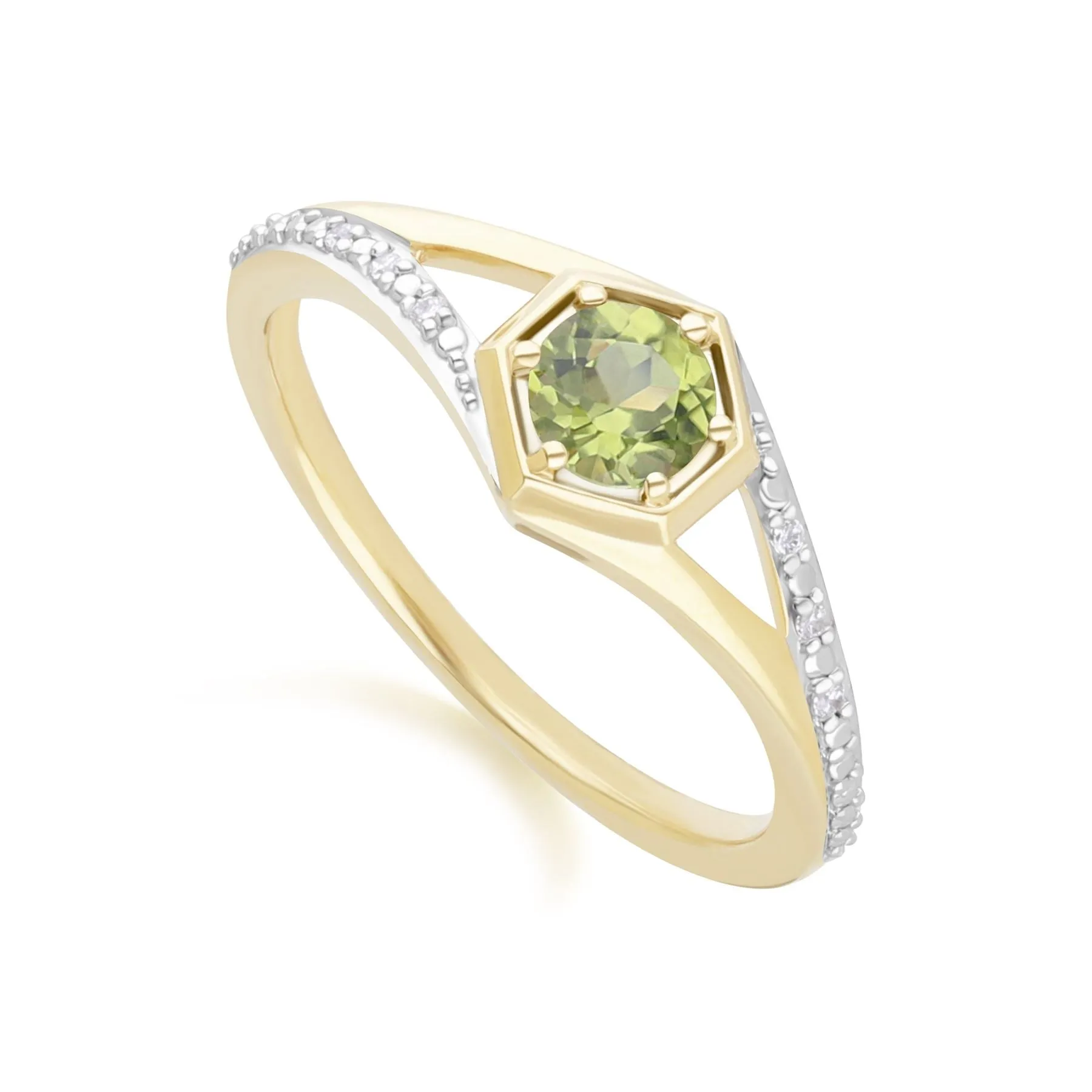 Geometric Hexagon with Prong set Round Peridot and Diamond Ring in 9ct Yellow Gold sold by Gemondo Jewellery product image thumbnail 2