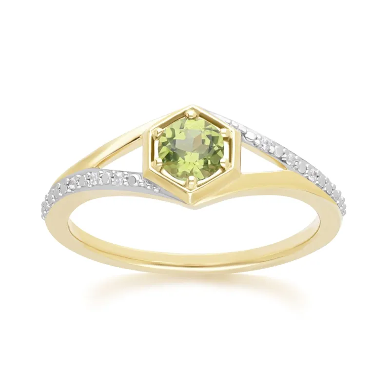 Geometric Hexagon with Prong set Round Peridot and Diamond Ring in 9ct Yellow Gold sold by Gemondo Jewellery