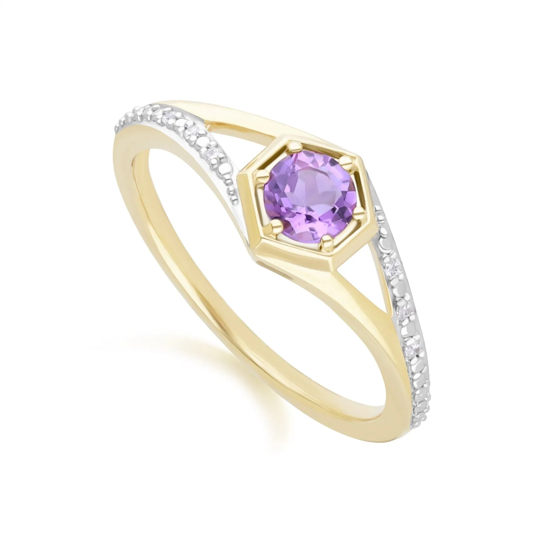 Geometric Hexagon with Prong set Round Amethyst and Diamond Ring in 9ct Yellow Gold sold by Gemondo Jewellery product image thumbnail 2