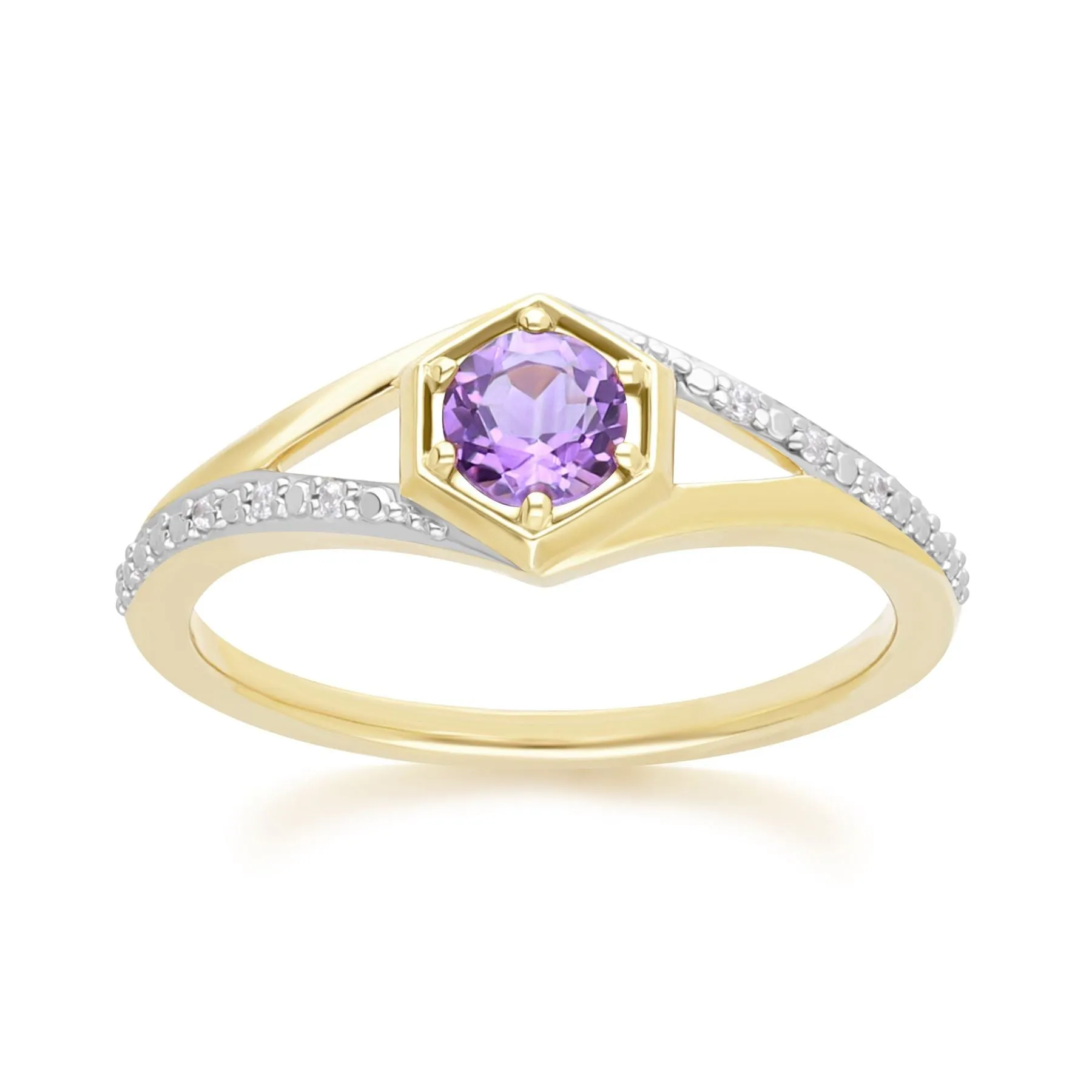 Geometric Hexagon with Prong set Round Amethyst and Diamond Ring in 9ct Yellow Gold sold by Gemondo Jewellery