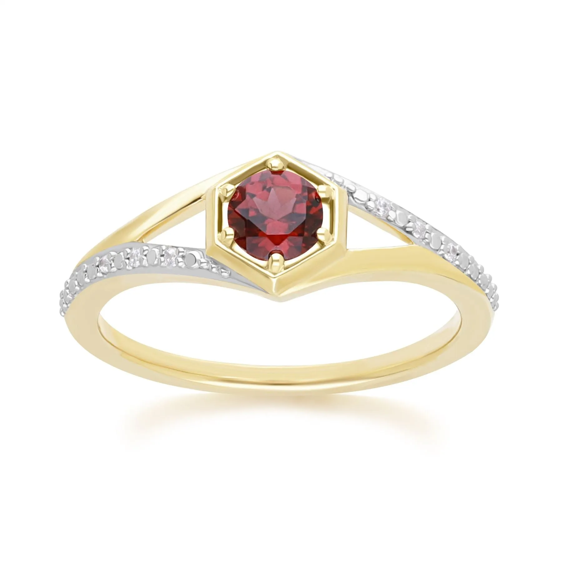 Geometric Hexagon with Prong set Round Garnet and Diamond Ring in 9ct Yellow Gold sold by Gemondo Jewellery