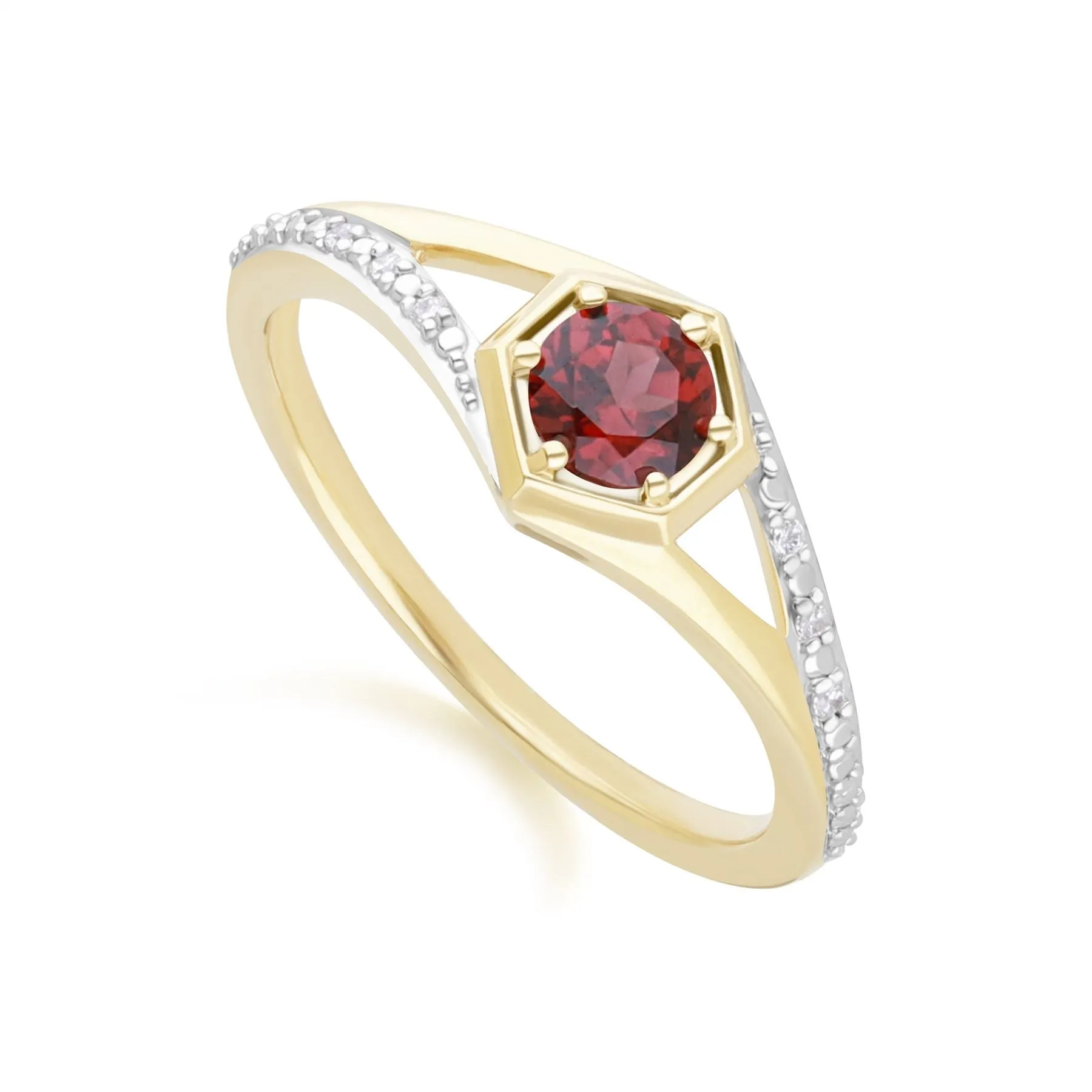 Geometric Hexagon with Prong set Round Garnet and Diamond Ring in 9ct Yellow Gold sold by Gemondo Jewellery product image thumbnail 2