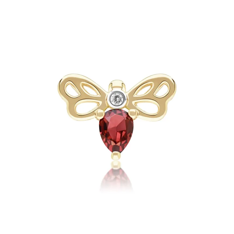 Honeycomb Art Nouveau Pear Shape Garnet and Diamond Bee Pin in 9ct Yellow Gold made by Gemondo Jewellery