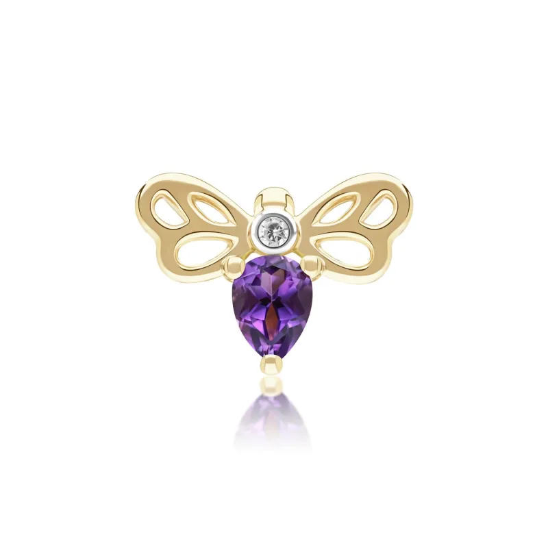 Honeycomb Art Nouveau Pear Shape Amethyst and Diamond Bee Pin in 9ct Yellow Gold made by Gemondo Jewellery