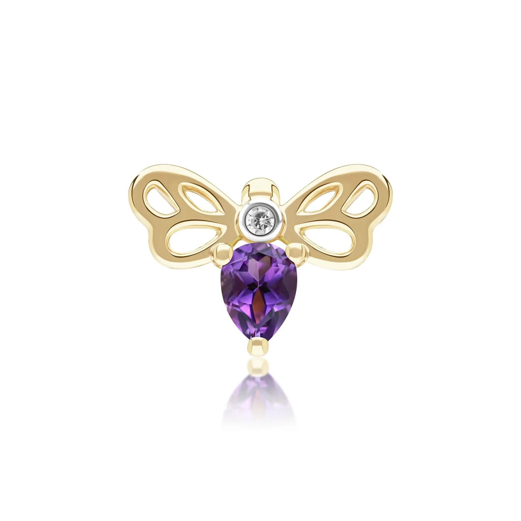 Honeycomb Art Nouveau Pear Shape Amethyst and Diamond Bee Pin in 9ct Yellow Gold sold by Gemondo Jewellery