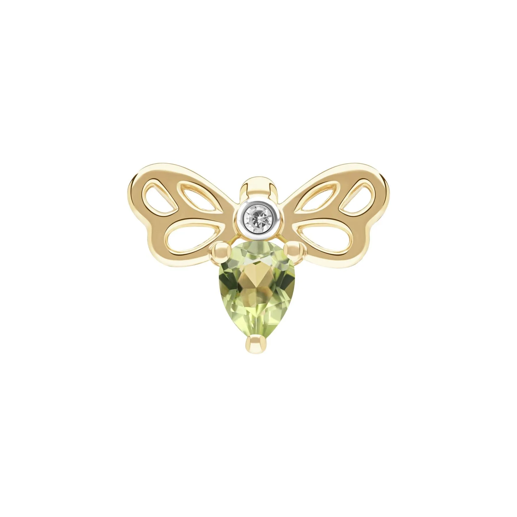 Honeycomb Art Nouveau Pear Shape Peridot and Diamond Bee Pin in 9ct Yellow Gold sold by Gemondo Jewellery