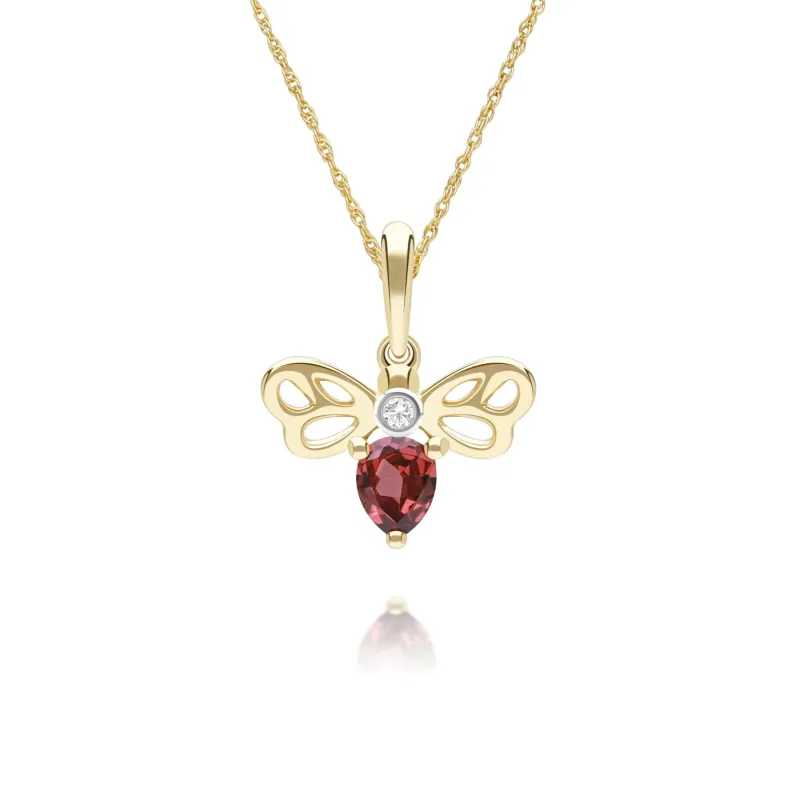 Honeycomb Art Nouveau Pear Shape Garnet and Diamond Bee Pendant Necklace in 9ct Yellow Gold sold by Gemondo Jewellery