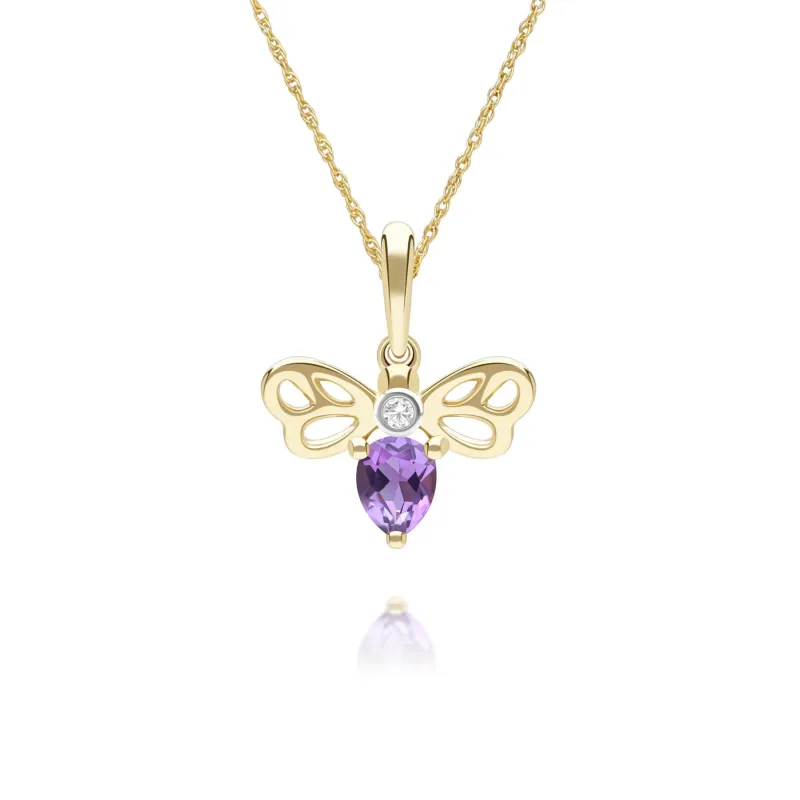 Honeycomb Art Nouveau Pear Shape Amethyst and Diamond Bee Pendant Necklace in 9ct Yellow Gold sold by Gemondo Jewellery