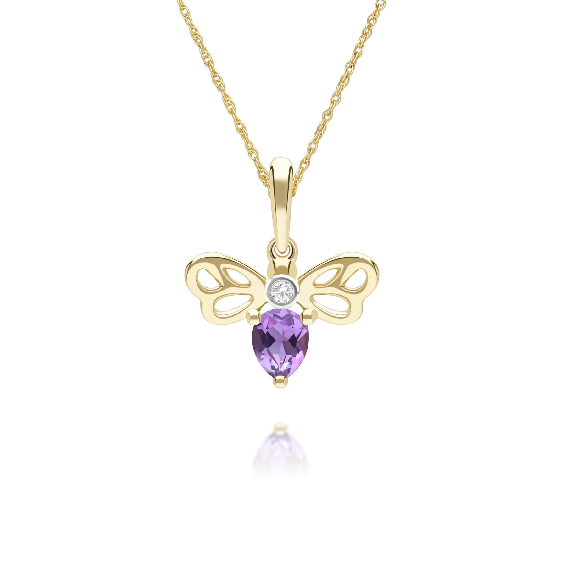 Honeycomb Art Nouveau Pear Shape Amethyst and Diamond Bee Pendant Necklace in 9ct Yellow Gold sold by Gemondo Jewellery