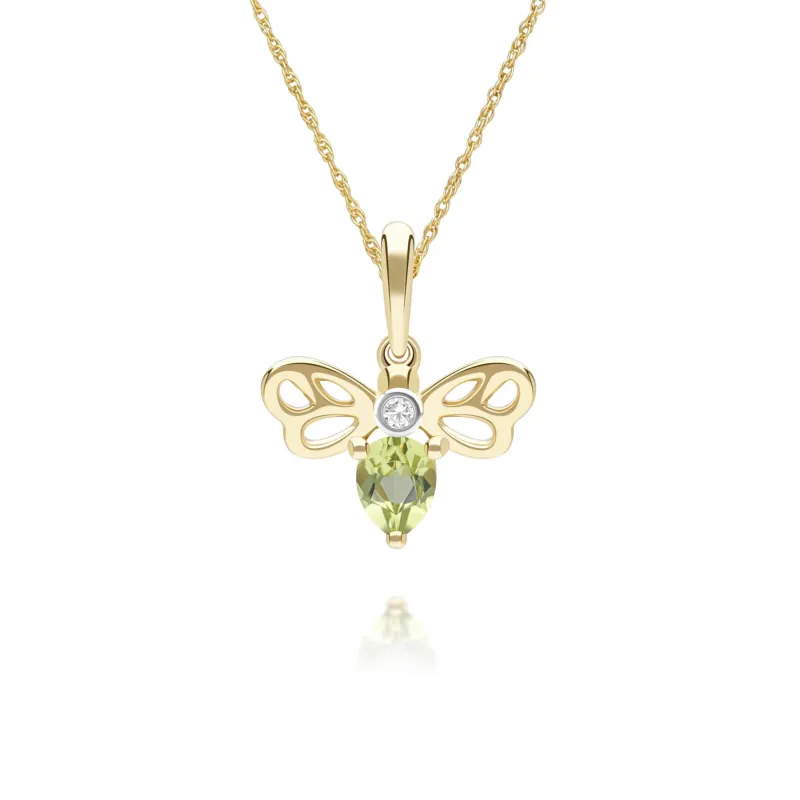 Honeycomb Art Nouveau Pear Shape Peridot and Diamond Bee Pendant Necklace in 9ct Yellow Gold sold by Gemondo Jewellery