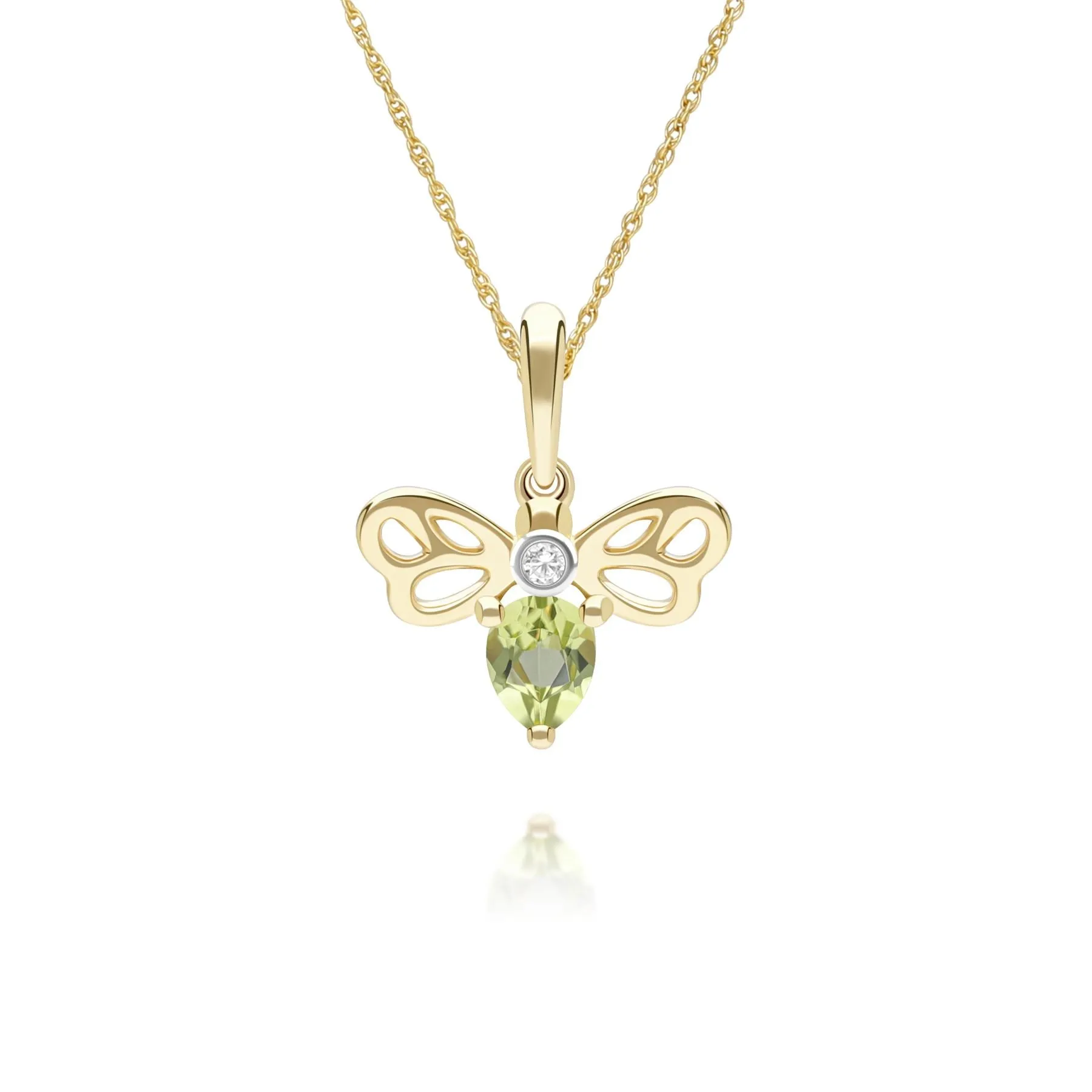 Honeycomb Art Nouveau Pear Shape Peridot and Diamond Bee Pendant Necklace in 9ct Yellow Gold sold by Gemondo Jewellery